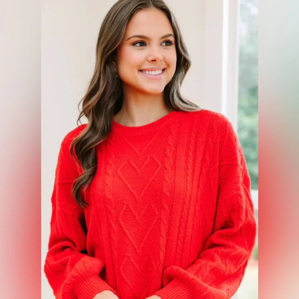 Red Ruffle Cable-Knit Sweater | Crew Neck | S | New | Mint Julep Boutique - Picture 4 of 10